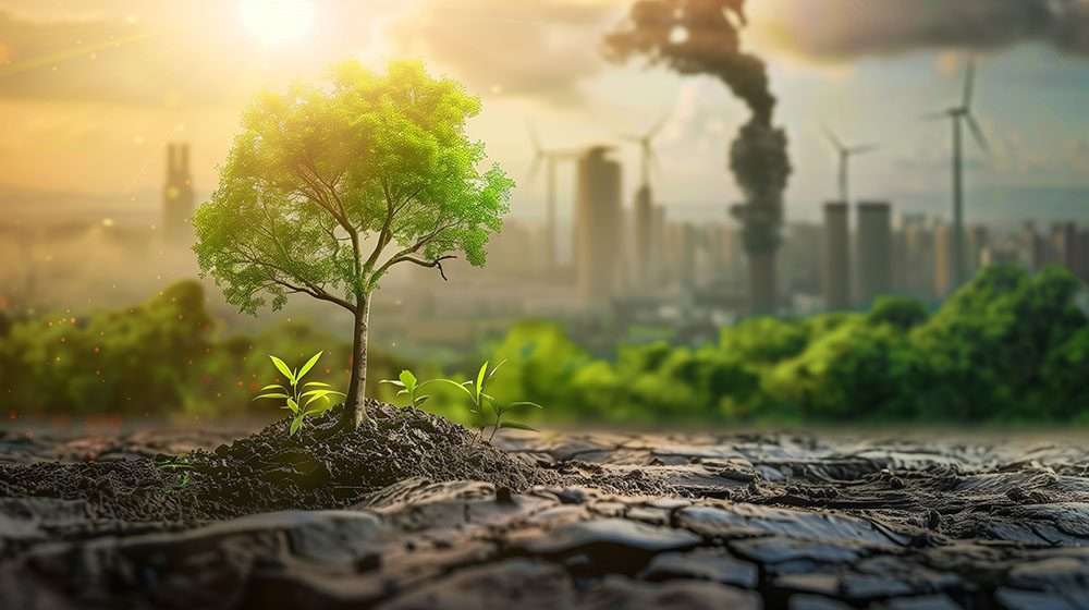 O renascimento de uma floresta com uma cidade poluente no fundo