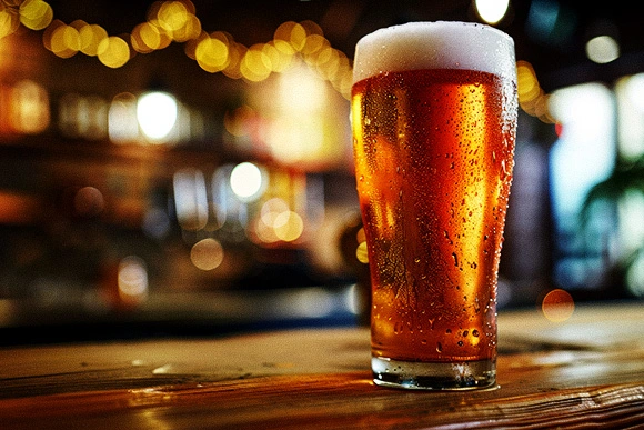Fotografia em estilo documental e autêntico de um copo de cerveja Brahma com colarinho de espuma, servido em um boteco brasileiro tradicional com iluminação quente de lâmpadas boteco no fundo. Imagem para ilustrar a estratégia de marketing popular e marketing branding da Quel Chic.