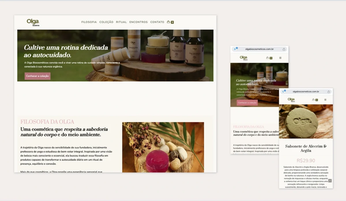 Mockup do site Olga Biocosméticos exibido em notebook e smartphone reais, mostrando a página inicial e uma página de produto, projeto de identidade digital e e-commerce pela Quel Chic Agência