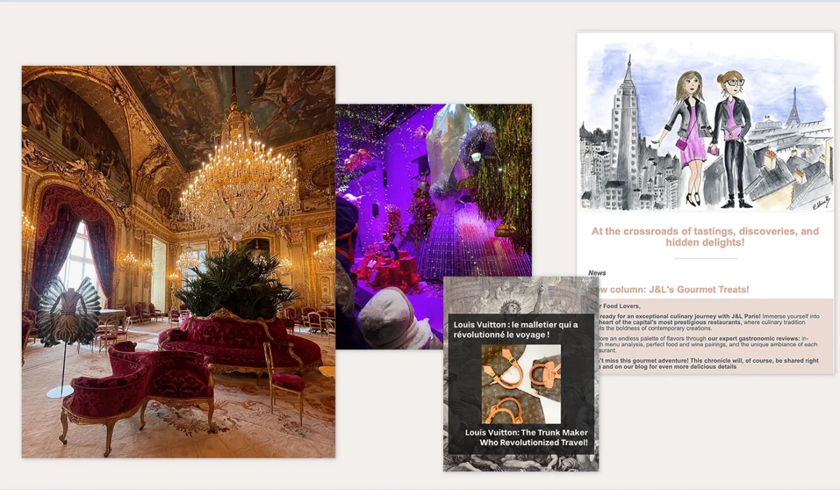 Mockup do projeto J&L Paris: foto de um salão do Louvre como conteúdo editorial, ao lado de uma newsletter e posts de Instagram sobre luxo e turismo em Paris, estratégia digital internacional pela Quel Chic Agência