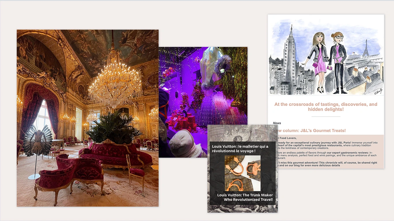 Mockup do projeto J&L Paris: foto de um salão do Louvre como conteúdo editorial, ao lado de uma newsletter e posts de Instagram sobre luxo e turismo em Paris, estratégia digital internacional pela Quel Chic Agência