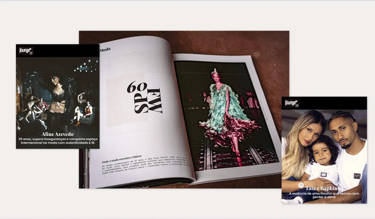 Composição do projeto de branding da Revista Lounge: página dupla da edição impressa de moda ao lado de duas capas de entrevista para Instagram, identidade visual editorial assinada pela Quel Chic Agência.