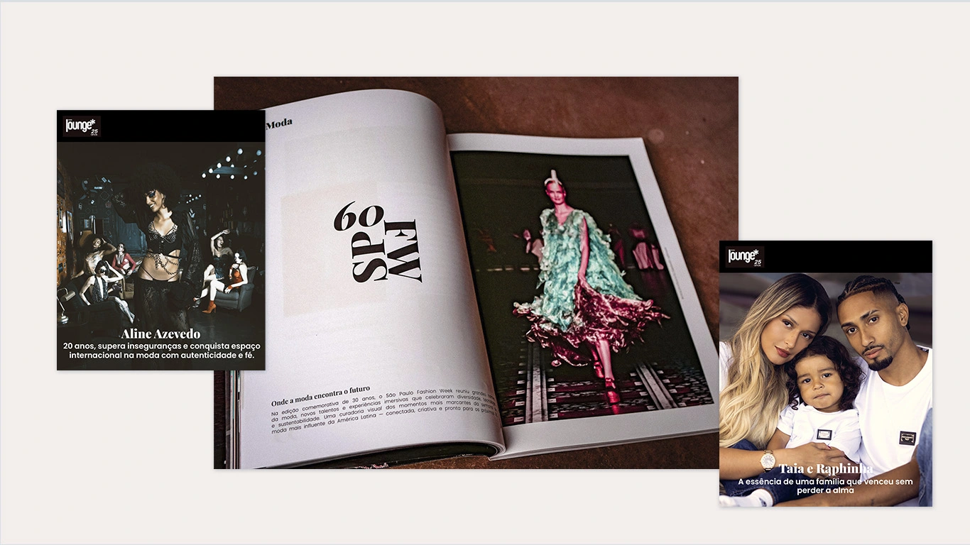 Composição do projeto de branding da Revista Lounge: página dupla da edição impressa de moda ao lado de duas capas de entrevista para Instagram, identidade visual editorial assinada pela Quel Chic Agência.